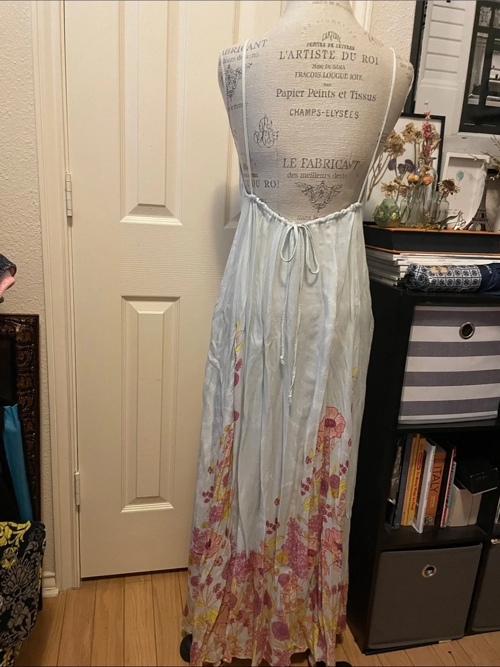 Free People Pale Blue Floral Maxi Slip Dress with Pink and Yellow Accents
